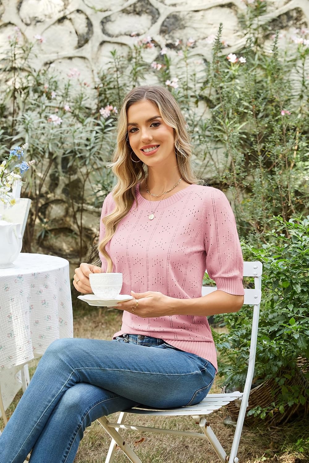 image:imageGRACE KARIN Womens Puff Short Sleeve Crew Neck Knit Tops BlouseCrochetThinPulloversweaterCuteDressySuitable for CasualDatingVacationDinnerPartyClubShoppingPink
