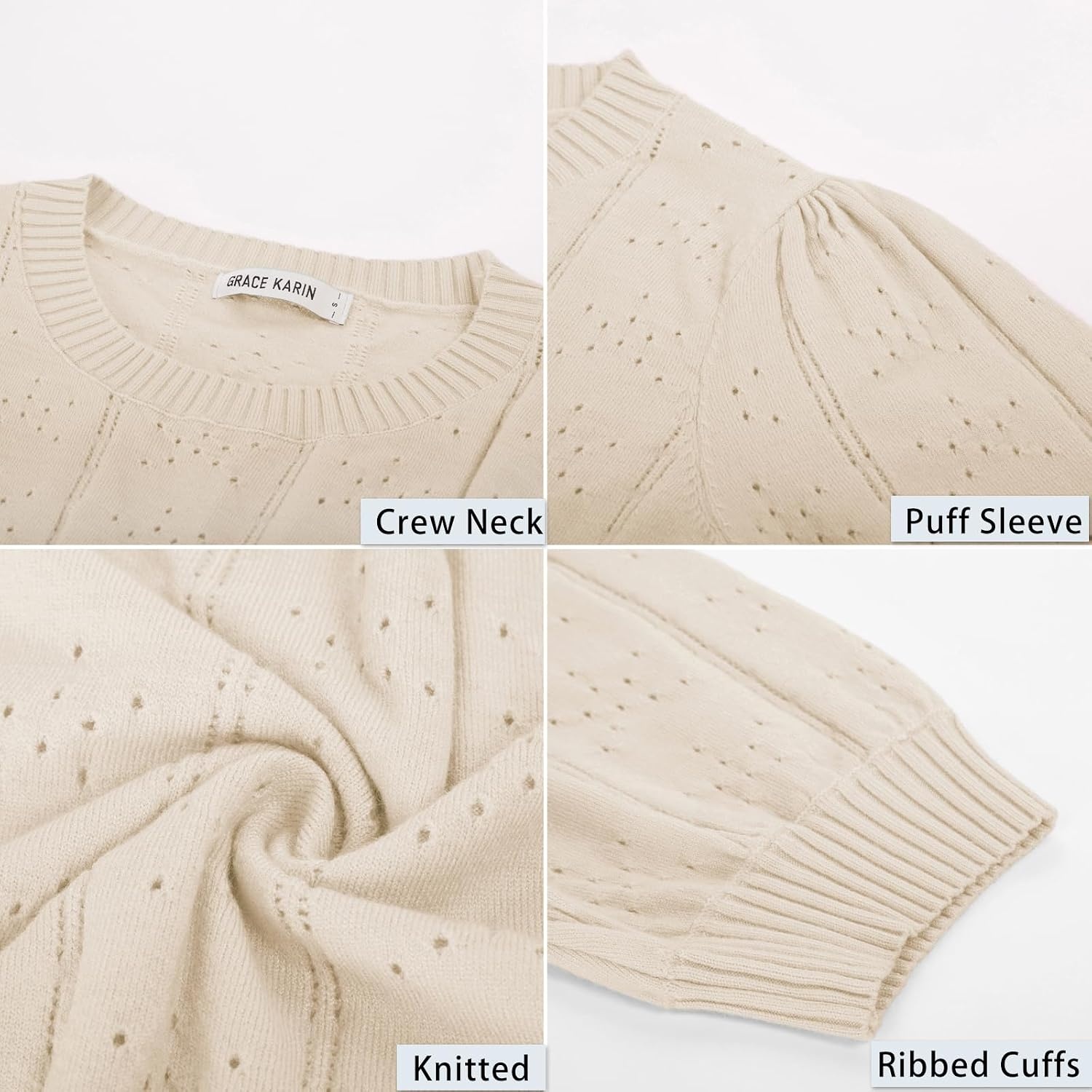 image:imageGRACE KARIN Womens Puff Short Sleeve Crew Neck Knit Tops BlouseCrochetThinPulloversweaterCuteDressySuitable for CasualDatingVacationDinnerPartyClubShoppingApricot