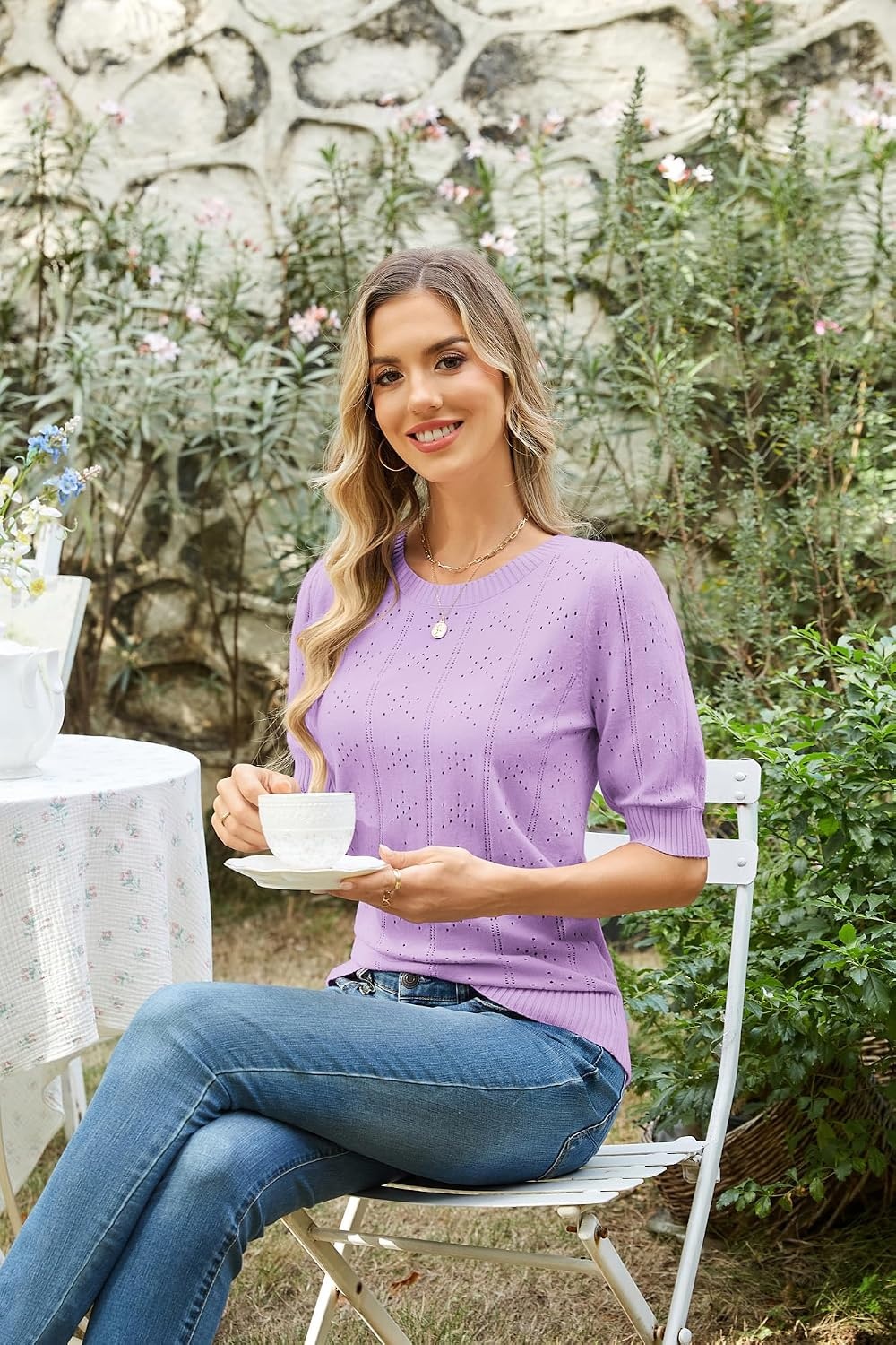 image:imageGRACE KARIN Womens Puff Short Sleeve Crew Neck Knit Tops BlouseCrochetThinPulloversweaterCuteDressySuitable for CasualDatingVacationDinnerPartyClubShoppingPurple