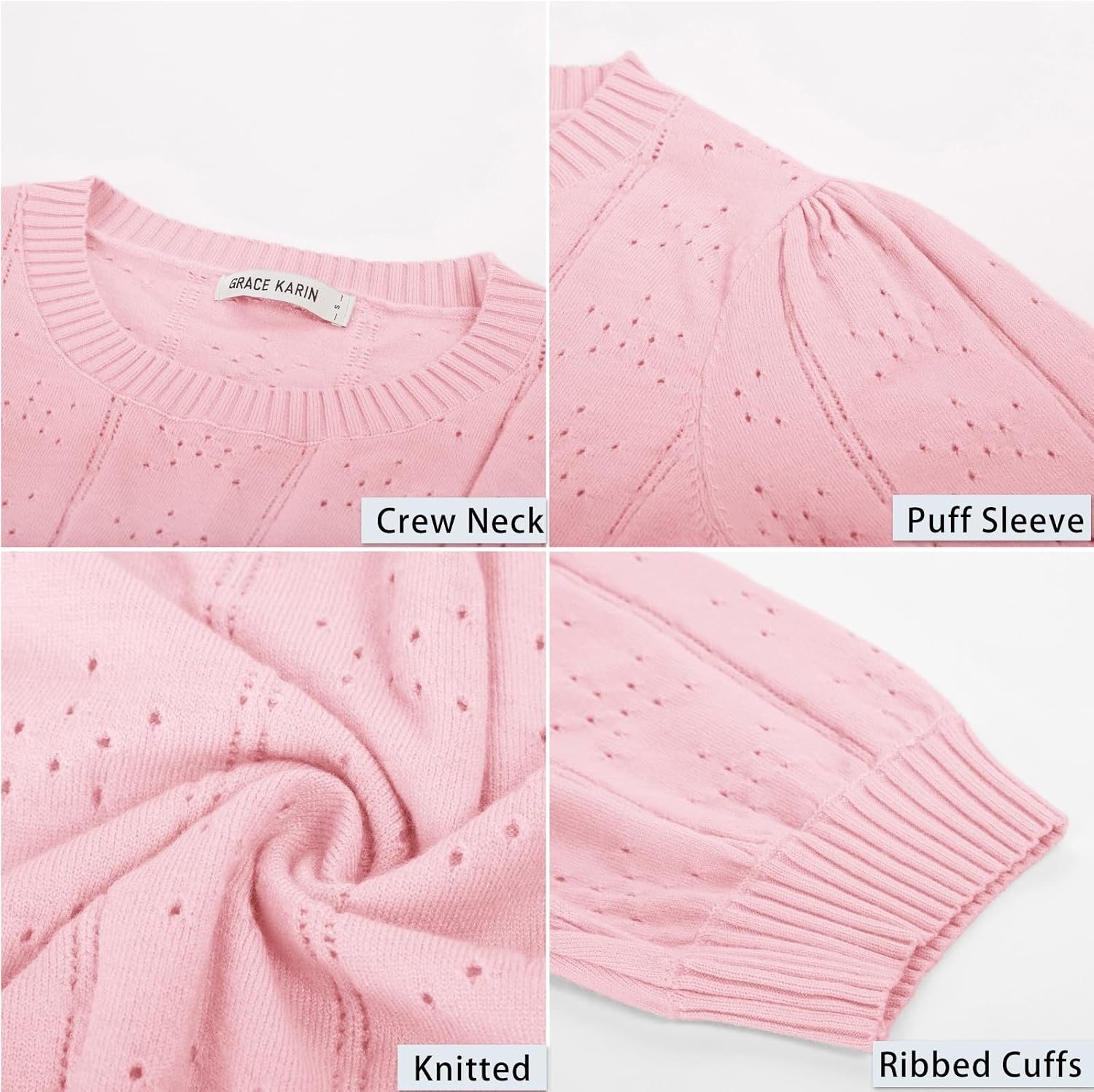 image:imageGRACE KARIN Womens Puff Short Sleeve Crew Neck Knit Tops BlouseCrochetThinPulloversweaterCuteDressySuitable for CasualDatingVacationDinnerPartyClubShoppingPink