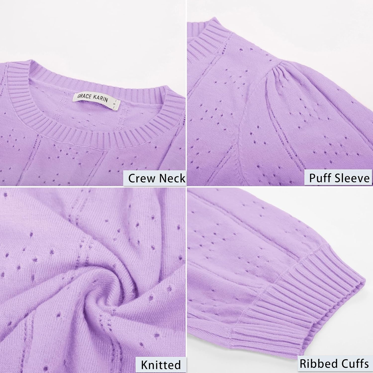 image:imageGRACE KARIN Womens Puff Short Sleeve Crew Neck Knit Tops BlouseCrochetThinPulloversweaterCuteDressySuitable for CasualDatingVacationDinnerPartyClubShoppingPurple