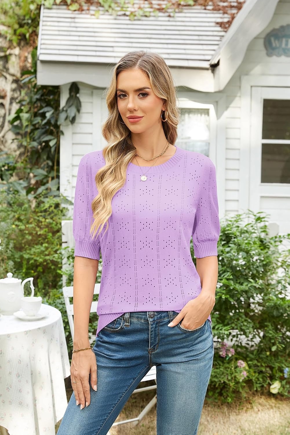 image:imageGRACE KARIN Womens Puff Short Sleeve Crew Neck Knit Tops BlouseCrochetThinPulloversweaterCuteDressySuitable for CasualDatingVacationDinnerPartyClubShoppingPurple