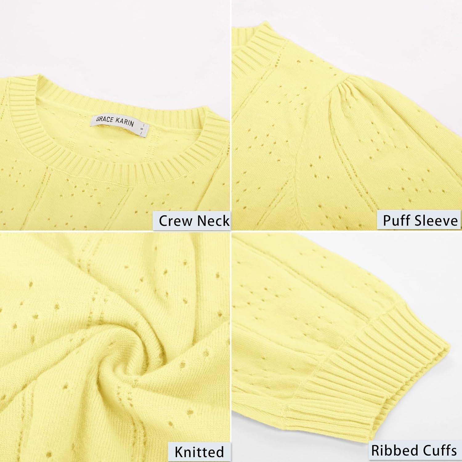 image:imageGRACE KARIN Womens Puff Short Sleeve Crew Neck Knit Tops BlouseCrochetThinPulloversweaterCuteDressySuitable for CasualDatingVacationDinnerPartyClubShoppingBright Yellow