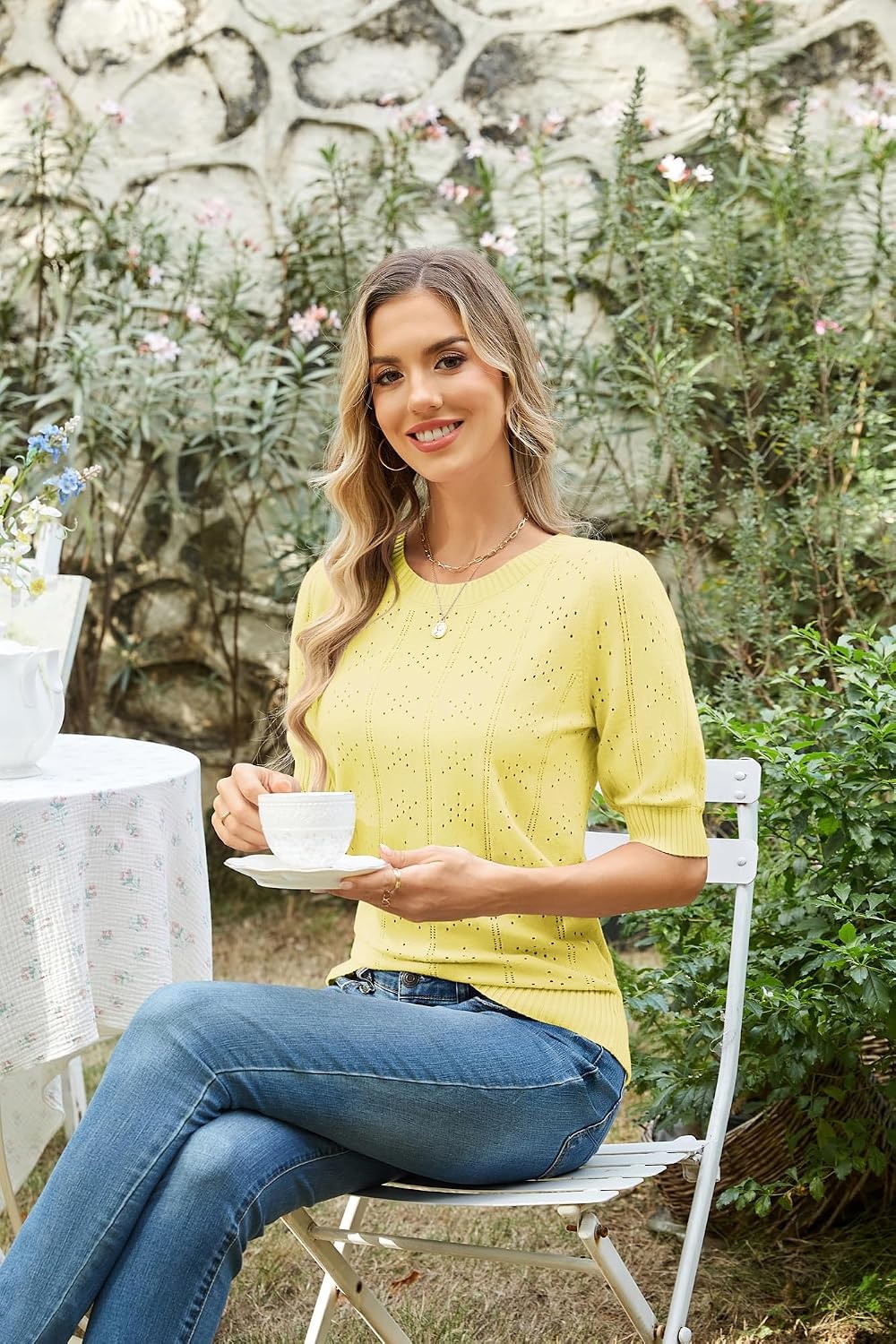 image:imageGRACE KARIN Womens Puff Short Sleeve Crew Neck Knit Tops BlouseCrochetThinPulloversweaterCuteDressySuitable for CasualDatingVacationDinnerPartyClubShoppingBright Yellow