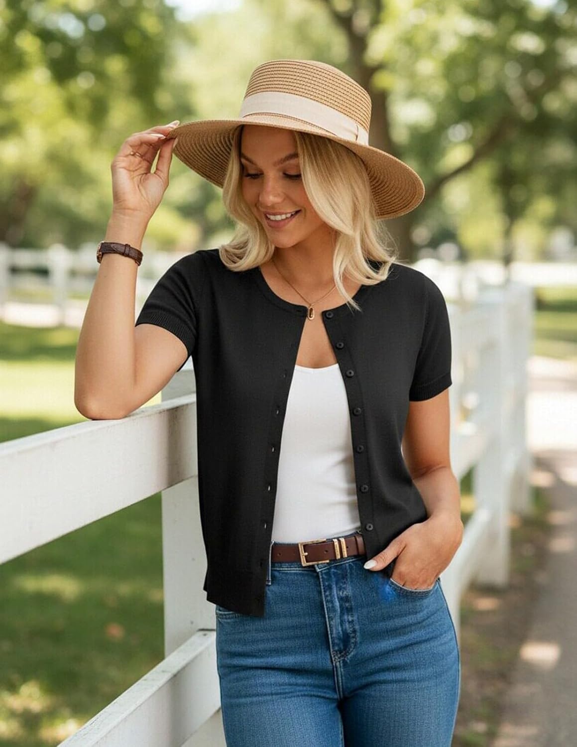 image:imageGRACE KARIN Womens Short Sleeve Cardigan Sweaters Lightweight Fall Outfits Open Front Button up Sweater Crewneck soft Knit tops Versatile Layering Cardigans Teacher Business Casual OutfitsBlack