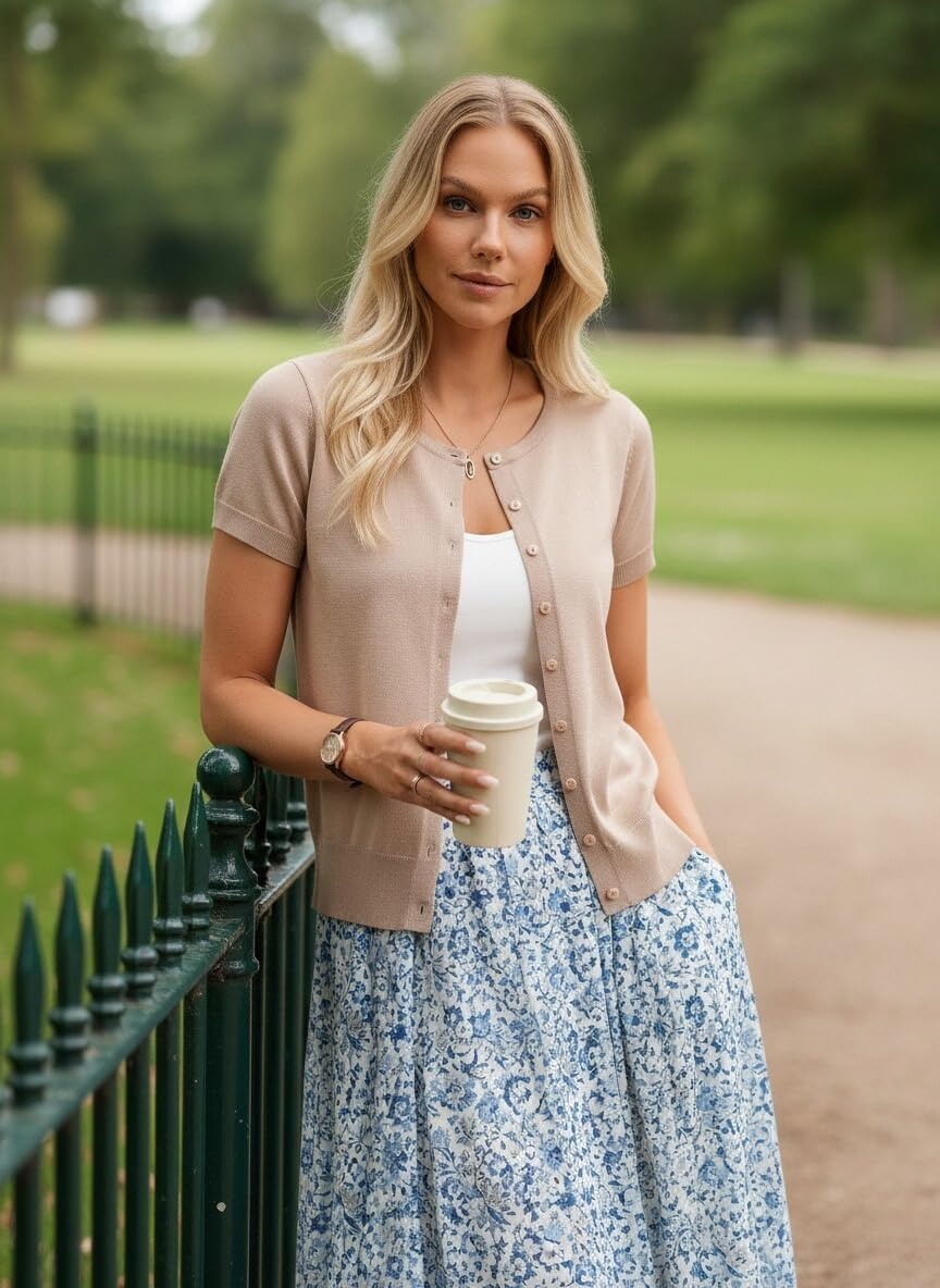 image:imageGRACE KARIN Womens Short Sleeve Cardigan Sweaters Lightweight Fall Outfits Open Front Button up Sweater Crewneck soft Knit tops Versatile Layering Cardigans Teacher Business Casual OutfitsKhaki