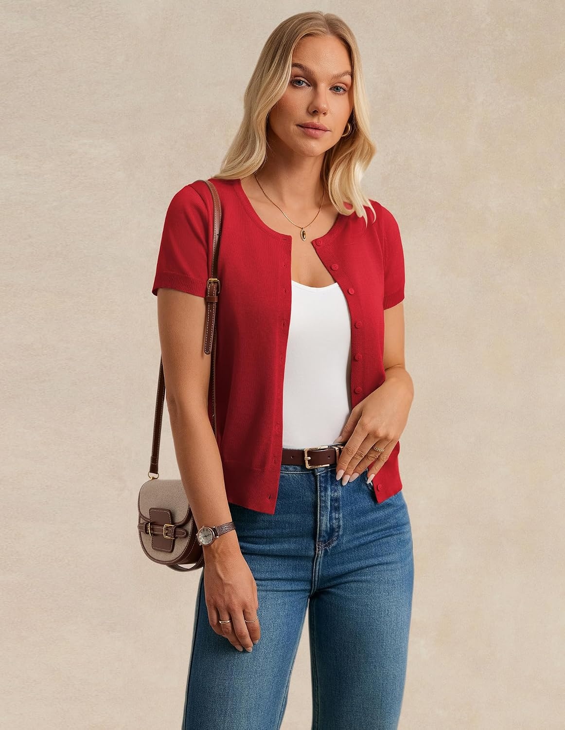 image:imageGRACE KARIN Womens Short Sleeve Cardigan Sweaters Lightweight Fall Outfits Open Front Button up Sweater Crewneck soft Knit tops Versatile Layering Cardigans Teacher Business Casual OutfitsRed