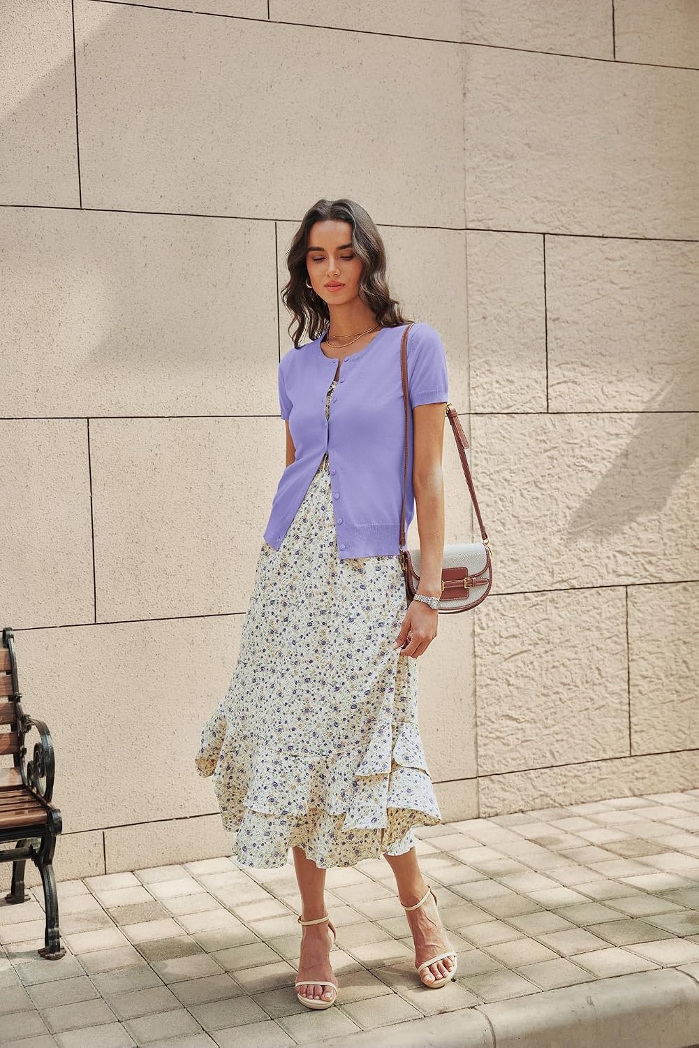 image:imageGRACE KARIN Womens Short Sleeve Cardigan Sweaters Lightweight Fall Outfits Open Front Button up Sweater Crewneck soft Knit tops Versatile Layering Cardigans Teacher Business Casual OutfitsLight Purple