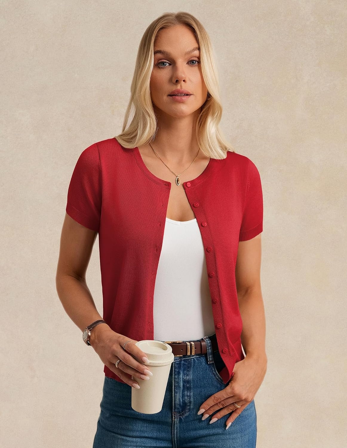 image:imageGRACE KARIN Womens Short Sleeve Cardigan Sweaters Lightweight Fall Outfits Open Front Button up Sweater Crewneck soft Knit tops Versatile Layering Cardigans Teacher Business Casual OutfitsRed