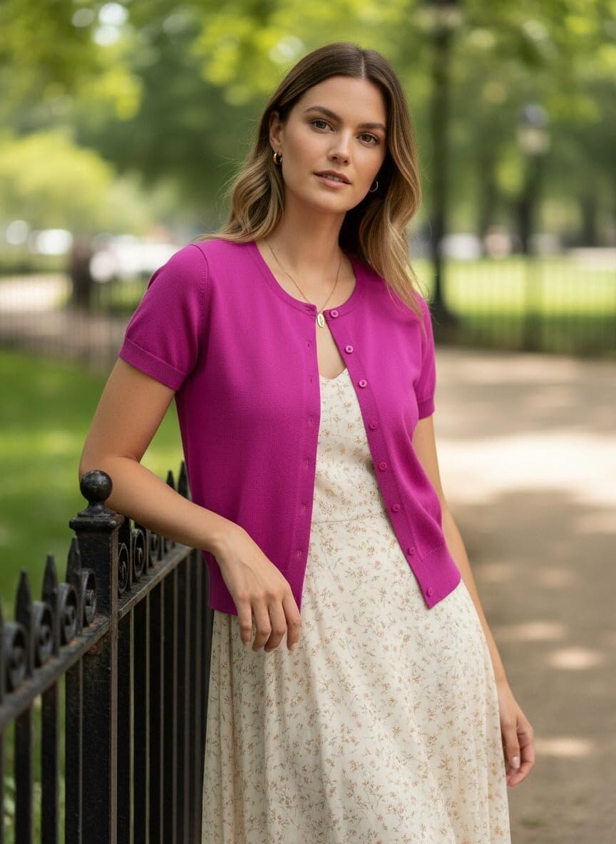 image:imageGRACE KARIN Womens Short Sleeve Cardigan Sweaters Lightweight Fall Outfits Open Front Button up Sweater Crewneck soft Knit tops Versatile Layering Cardigans Teacher Business Casual OutfitsHot Pink