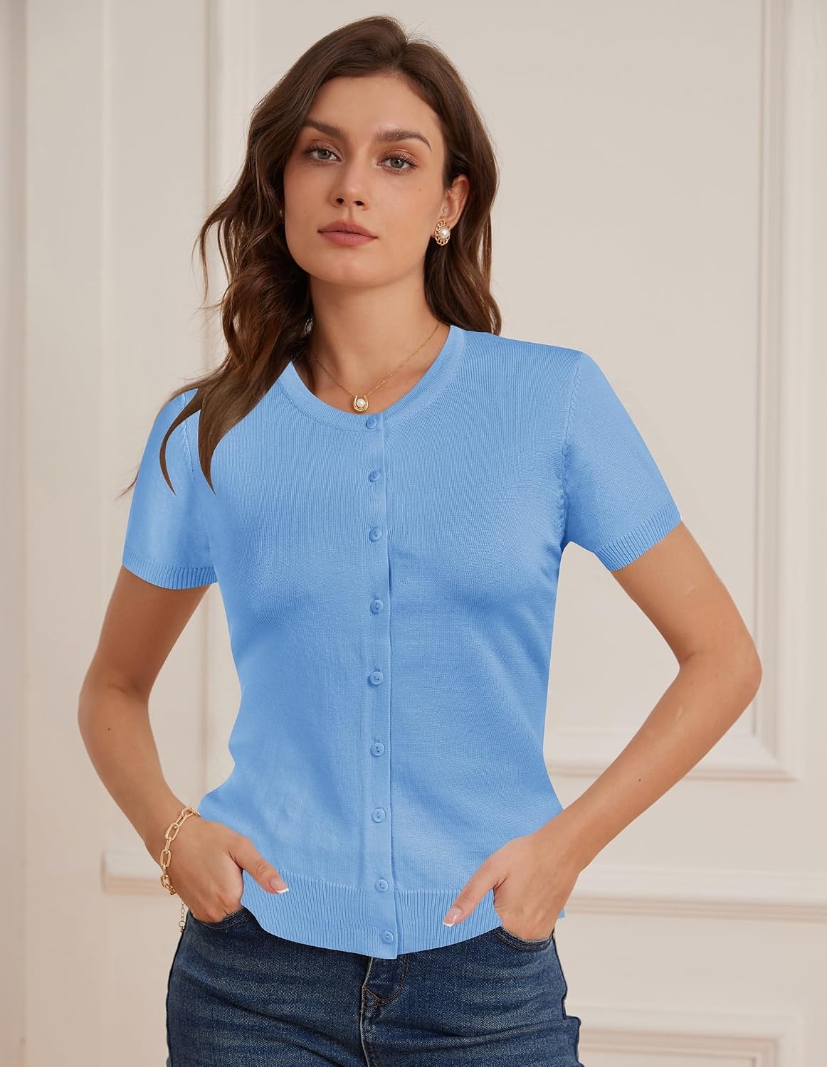 image:imageGRACE KARIN Womens Short Sleeve Cardigan Sweaters Lightweight Fall Outfits Open Front Button up Sweater Crewneck soft Knit tops Versatile Layering Cardigans Teacher Business Casual OutfitsLight Blue