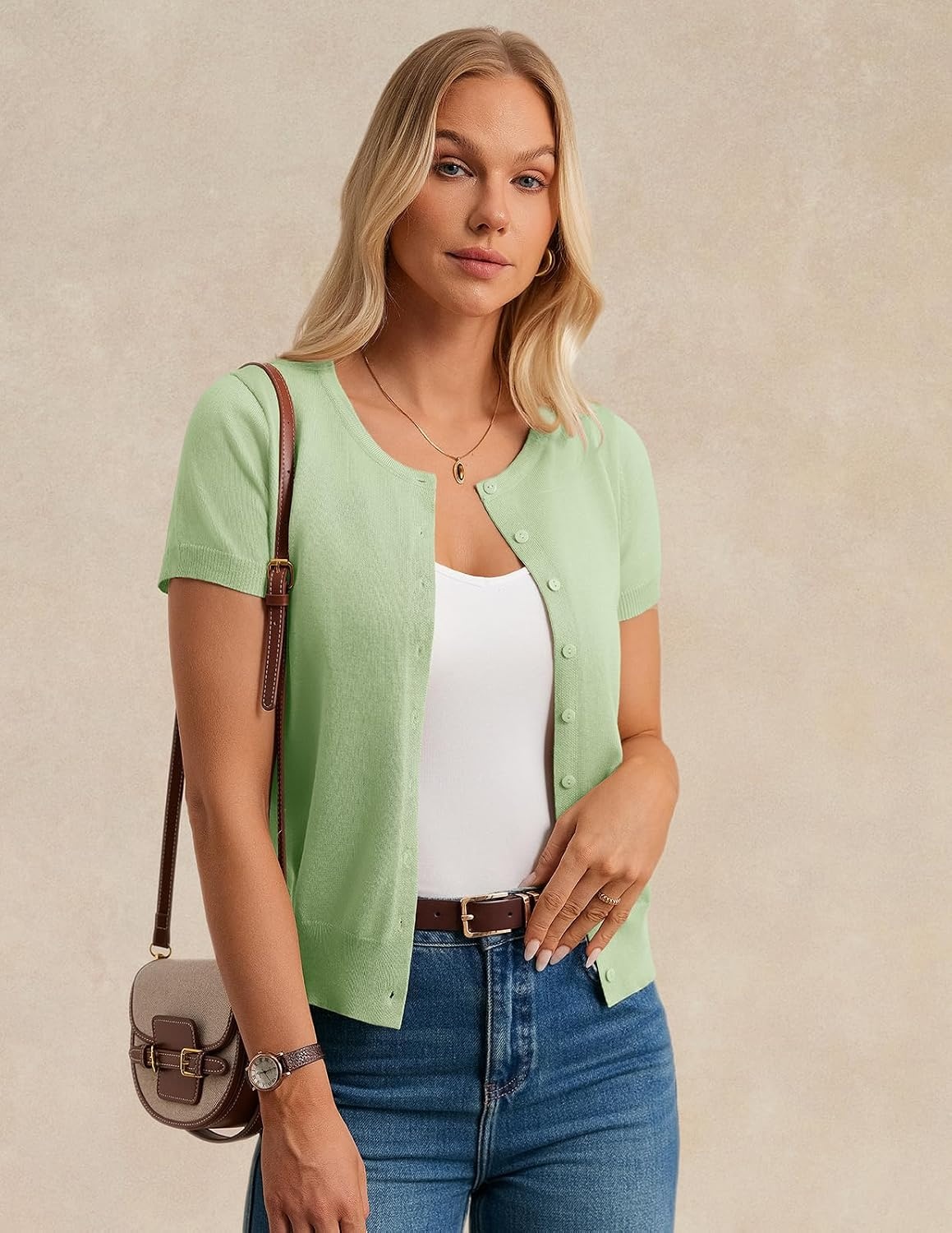 image:imageGRACE KARIN Womens Short Sleeve Cardigan Sweaters Lightweight Fall Outfits Open Front Button up Sweater Crewneck soft Knit tops Versatile Layering Cardigans Teacher Business Casual OutfitsLight Green