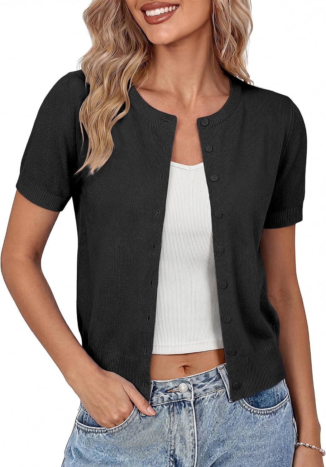 image:imageGRACE KARIN Womens Short Sleeve Cardigan Sweaters Lightweight Fall Outfits Open Front Button up Sweater Crewneck soft Knit tops Versatile Layering Cardigans Teacher Business Casual OutfitsBlack