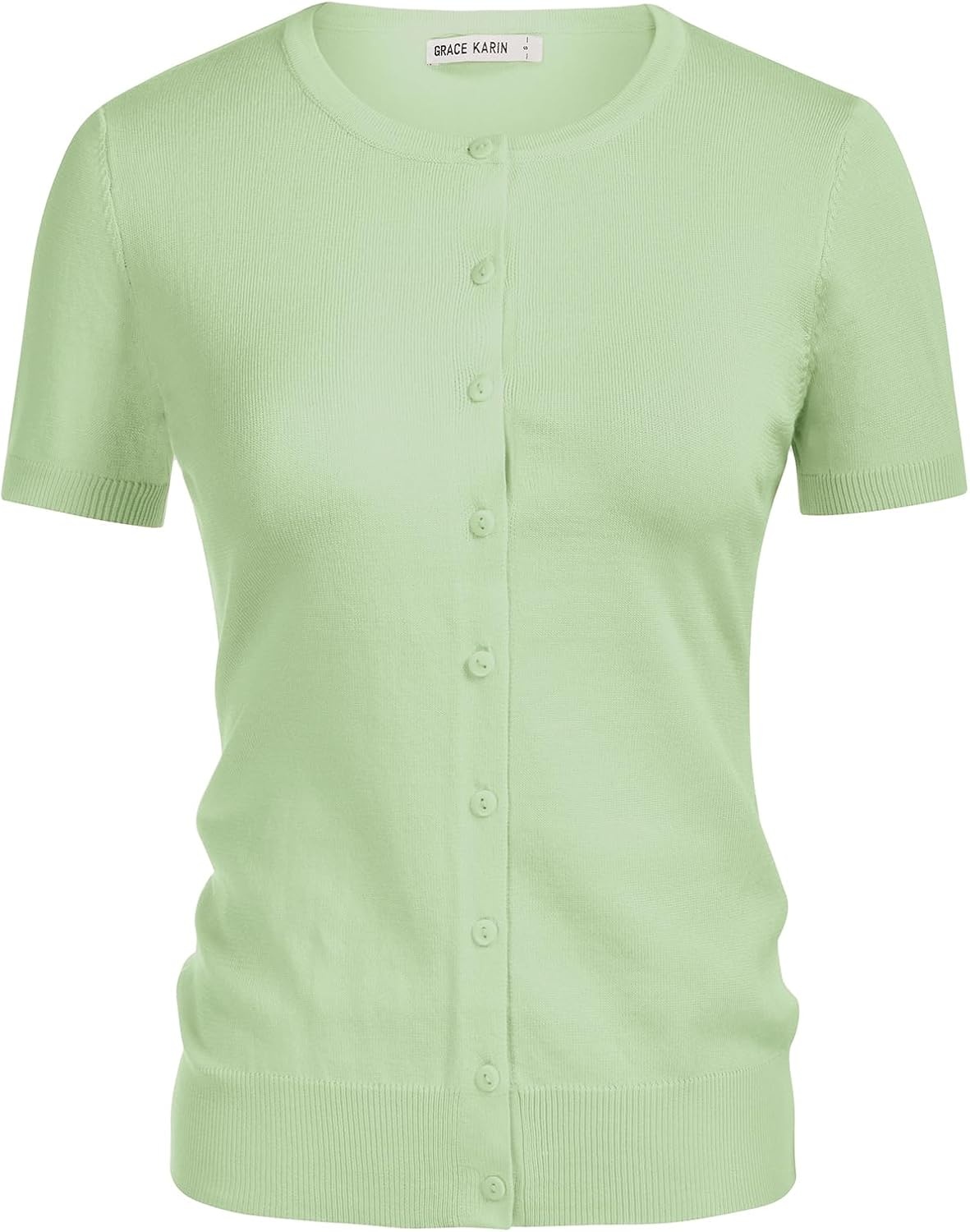 image:imageGRACE KARIN Womens Short Sleeve Cardigan Sweaters Lightweight Fall Outfits Open Front Button up Sweater Crewneck soft Knit tops Versatile Layering Cardigans Teacher Business Casual OutfitsLight Green