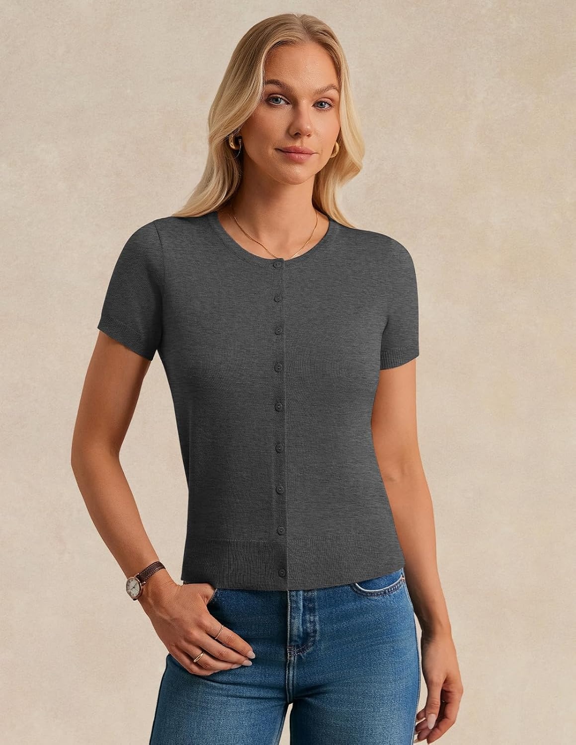 image:imageGRACE KARIN Womens Short Sleeve Cardigan Sweaters Lightweight Fall Outfits Open Front Button up Sweater Crewneck soft Knit tops Versatile Layering Cardigans Teacher Business Casual OutfitsGray Heather