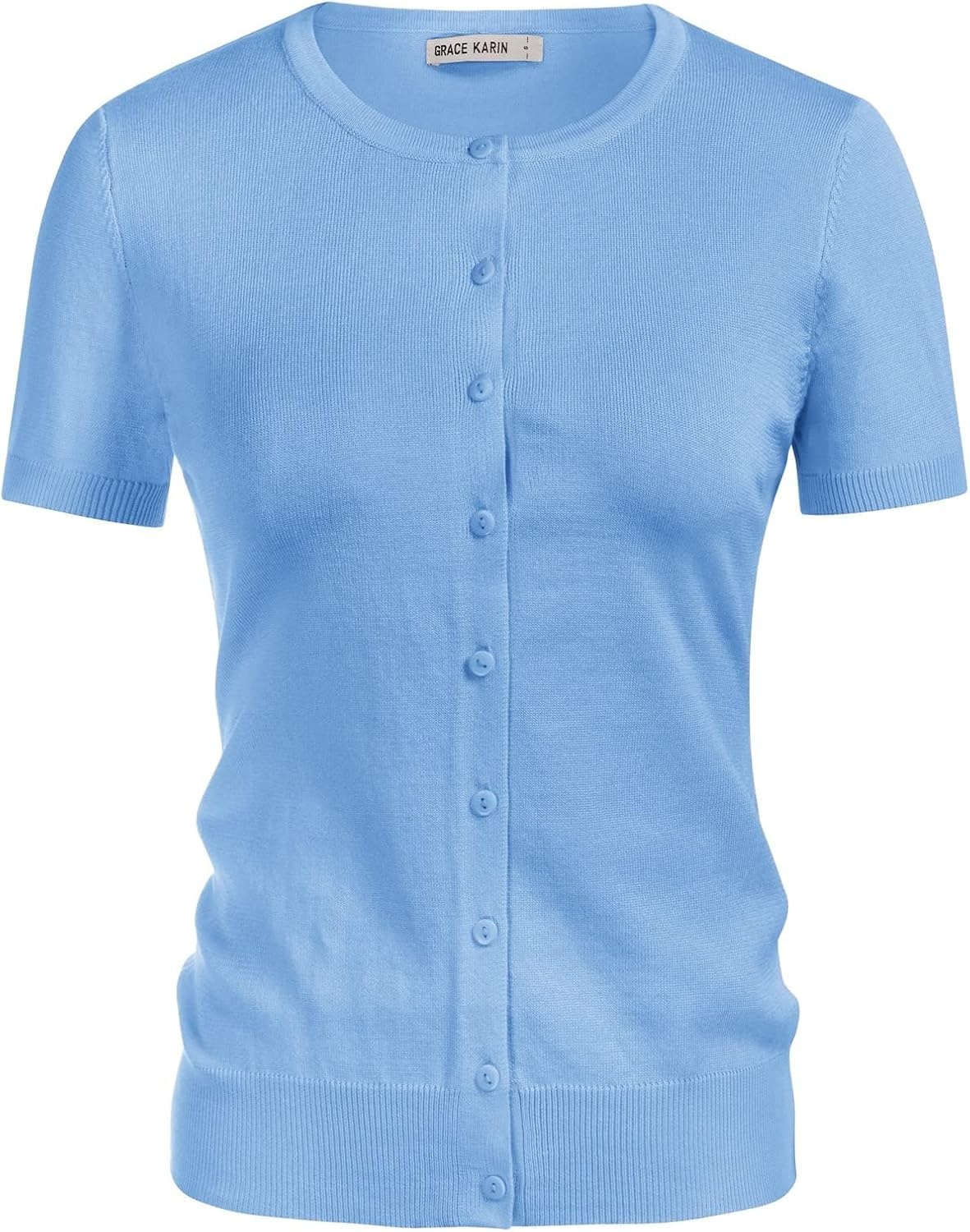 image:imageGRACE KARIN Womens Short Sleeve Cardigan Sweaters Lightweight Fall Outfits Open Front Button up Sweater Crewneck soft Knit tops Versatile Layering Cardigans Teacher Business Casual OutfitsLight Blue
