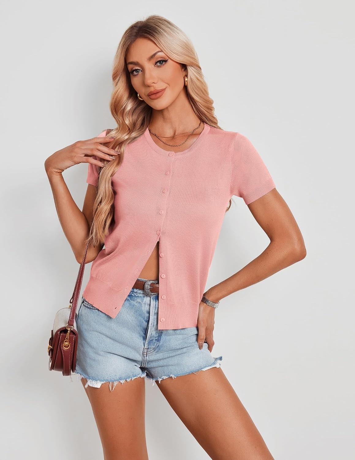 image:imageGRACE KARIN Womens Short Sleeve Cardigan Sweaters Lightweight Fall Outfits Open Front Button up Sweater Crewneck soft Knit tops Versatile Layering Cardigans Teacher Business Casual OutfitsLight Pink1