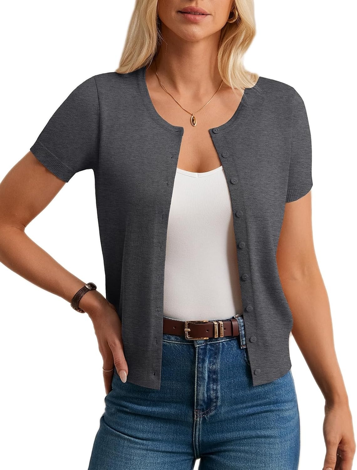 image:imageGRACE KARIN Womens Short Sleeve Cardigan Sweaters Lightweight Fall Outfits Open Front Button up Sweater Crewneck soft Knit tops Versatile Layering Cardigans Teacher Business Casual OutfitsGray Heather