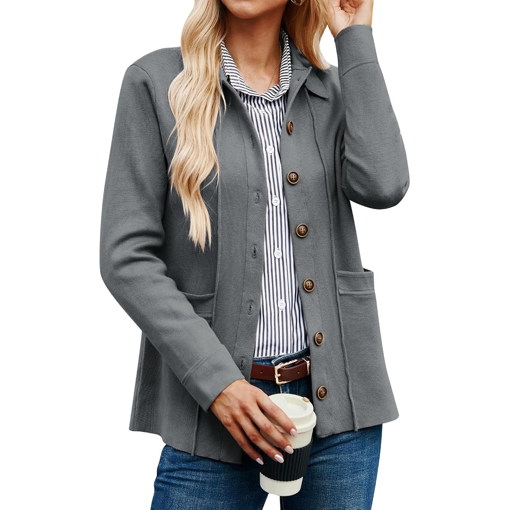 image:imageGRACE KARIN Cardigan Sweaters for Women Casual Knit Tops Button upOpen FrontLong Sleevewith PocketsLapel CollarWarmBusiness CasualDark Gray