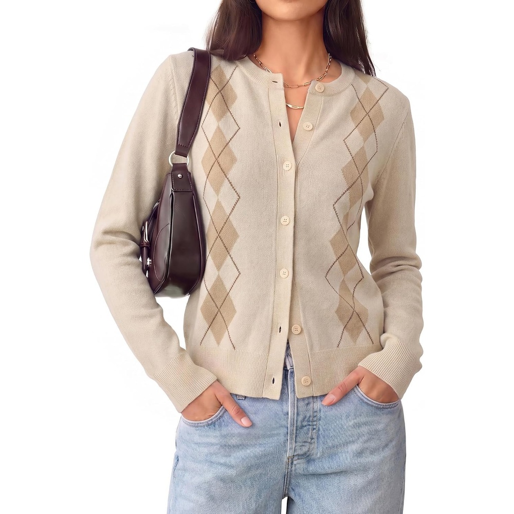 image:imageGRACE KARIN Cardigan for Women Argyle Fall Sweaters Cozy Teacher Outfits Crew Neck Button Up Chunky Cardigan Sweaters Open Front Cute Sweater Long Sleeve Casual Winter Outfits for Work amp OfficeArgyle Beige