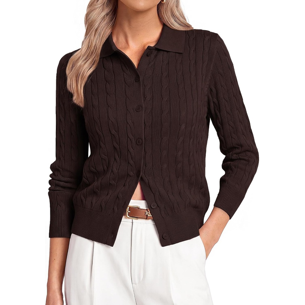 image:imageGRACE KARIN Cardigan for Women Trendy Cable Knit Sweaters 2026 Fall Clothes  Cable Knit Collared Fall Cardigan Long Sleeve Business Casual Teacher Outfits Button Down Work Sweater Winter Office WearChocolate Brown