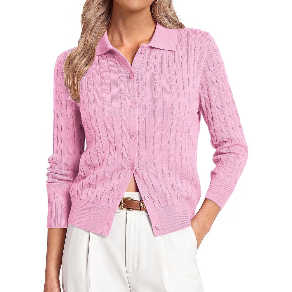 image:imageGRACE KARIN Cardigan for Women Trendy Cable Knit Sweaters 2026 Fall Clothes  Cable Knit Collared Fall Cardigan Long Sleeve Business Casual Teacher Outfits Button Down Work Sweater Winter Office WearPink