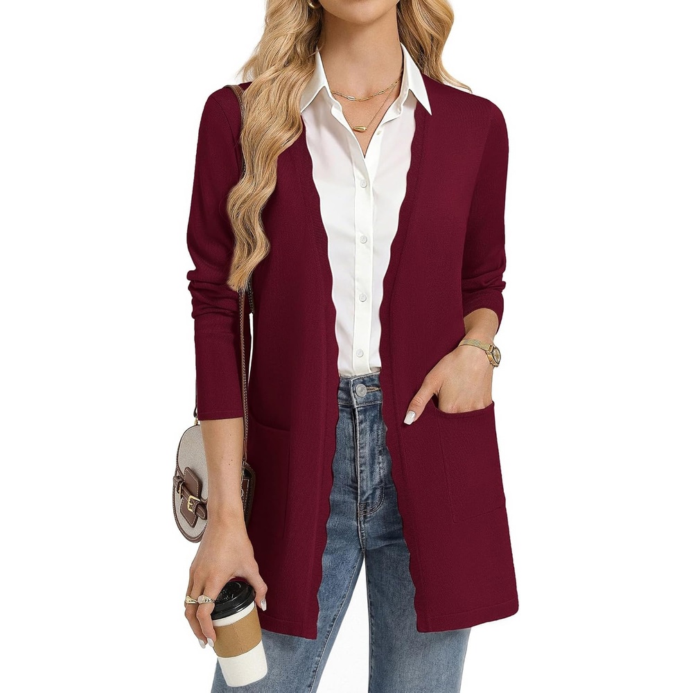 image:imageGRACE KARIN Long Cardigan Sweaters for Women Business Casual Fall Outfits Pockets Scalloped Placket Open Front Long Sleeve Business Casual Outfits Knit Teacher Outfits Lightweight Sweater BlazerWine Red