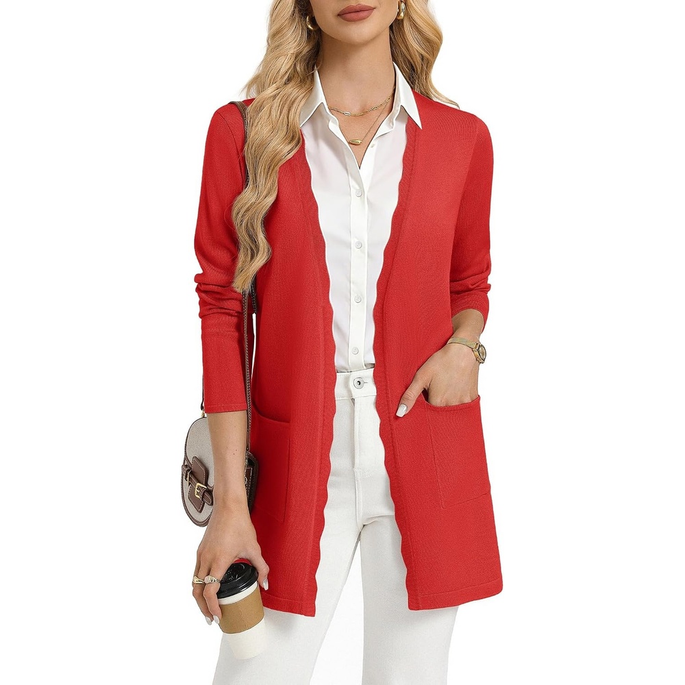 image:imageGRACE KARIN Long Cardigan Sweaters for Women Business Casual Fall Outfits Pockets Scalloped Placket Open Front Long Sleeve Business Casual Outfits Knit Teacher Outfits Lightweight Sweater BlazerRed