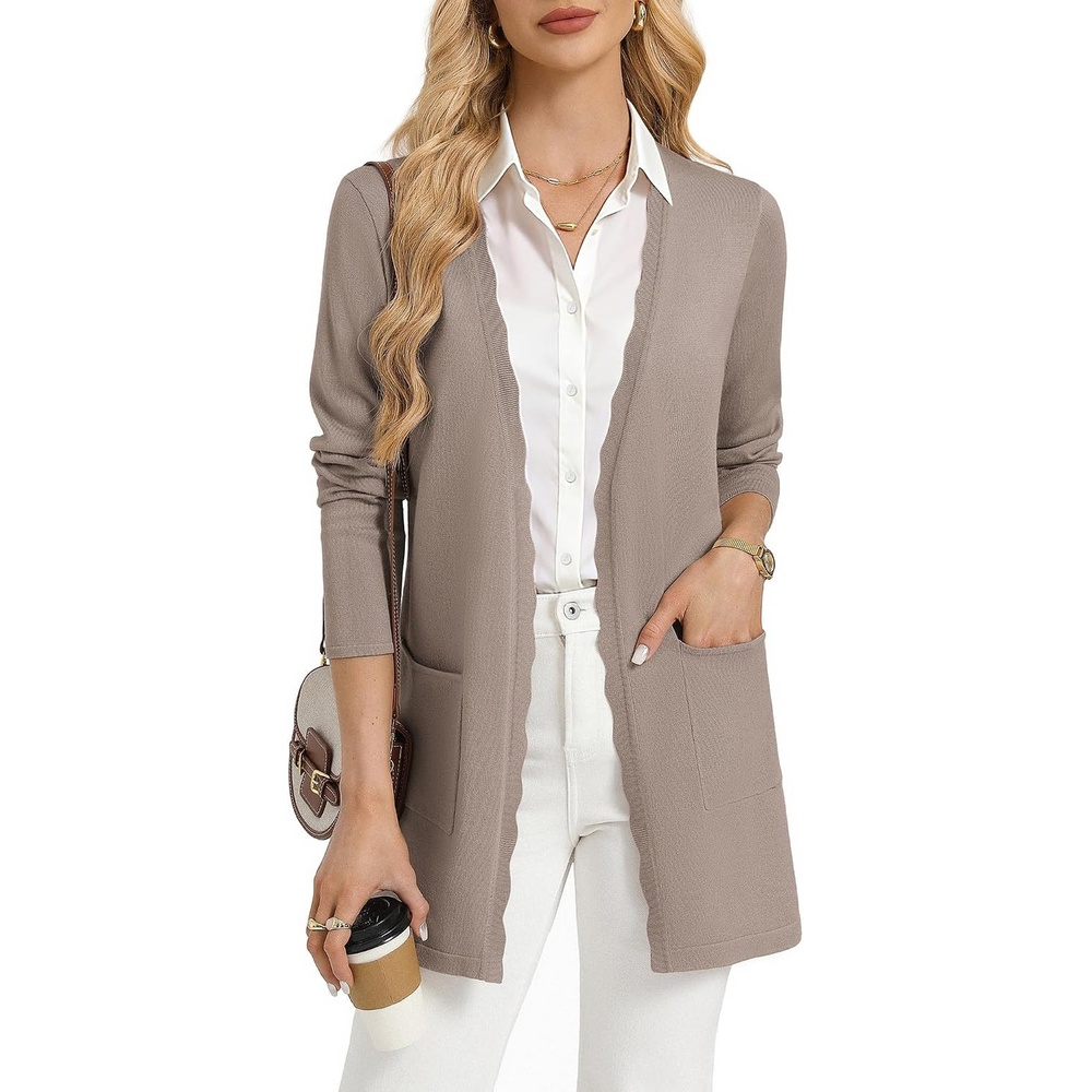 image:imageGRACE KARIN Long Cardigan Sweaters for Women Business Casual Fall Outfits  Pockets Scalloped Placket Open Front Long Sleeve Business Casual Outfits Knit Teacher Outfits Lightweight Sweater BlazerTaupe