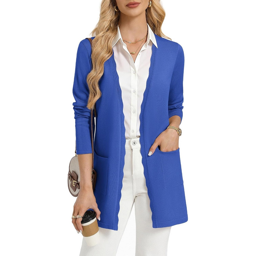 image:imageGRACE KARIN Long Cardigan Sweaters for Women Business Casual Fall Outfits Pockets Scalloped Placket Open Front Long Sleeve Business Casual Outfits Knit Teacher Outfits Lightweight Sweater BlazerRoyal Blue
