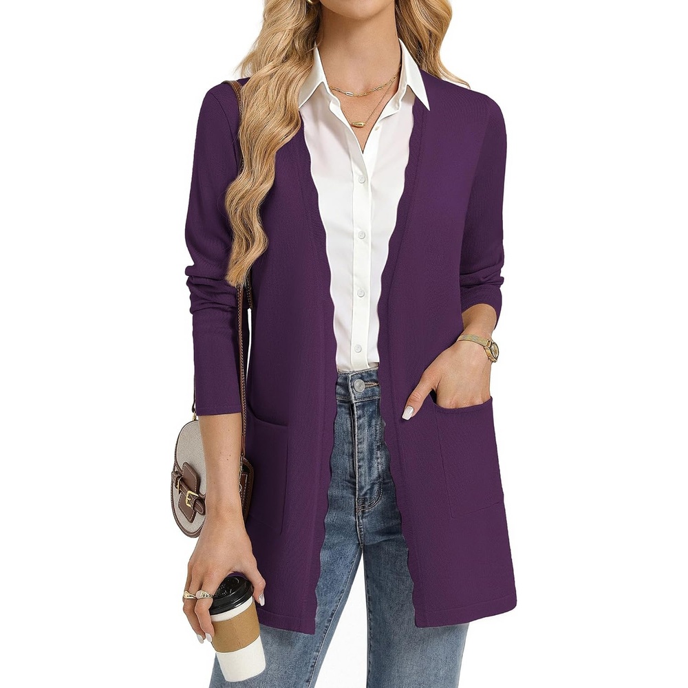 image:imageGRACE KARIN Long Cardigan Sweaters for Women Business Casual Fall Outfits Pockets Scalloped Placket Open Front Long Sleeve Business Casual Outfits Knit Teacher Outfits Lightweight Sweater BlazerPurple