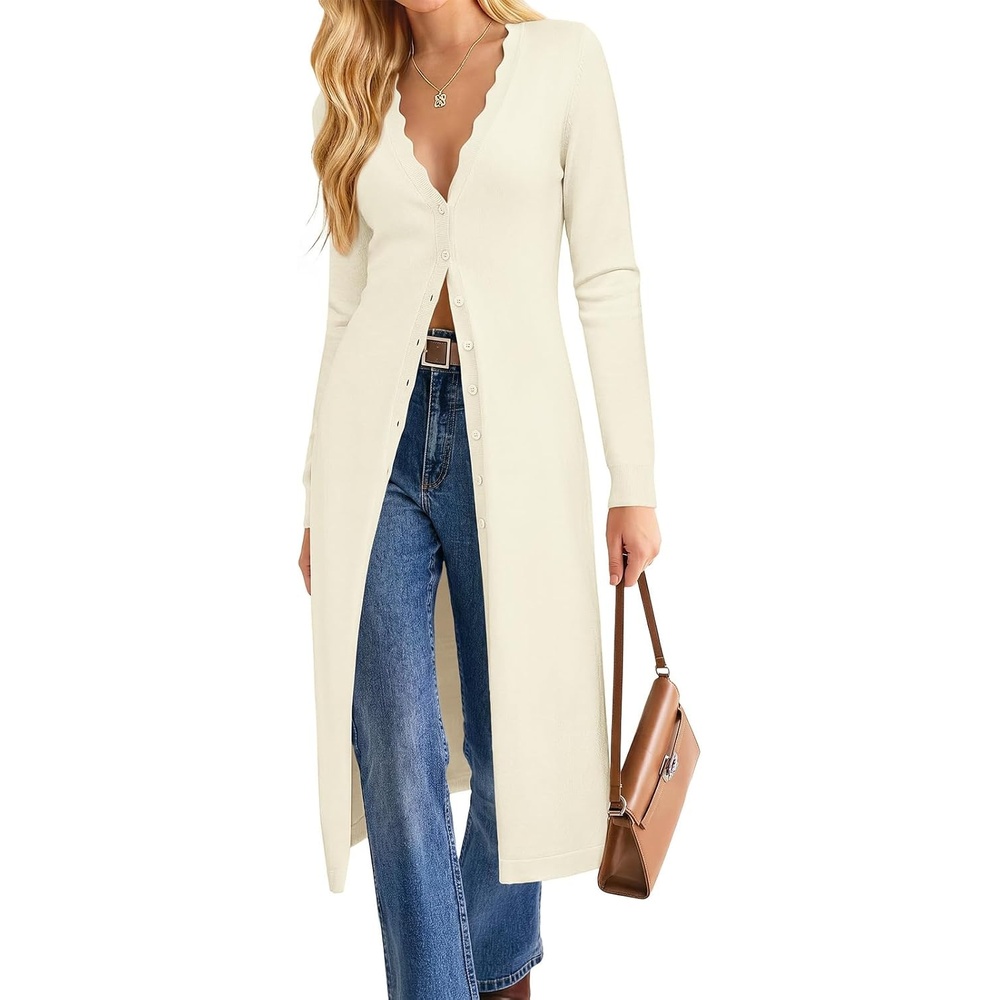 image:imageGRACE KARIN Long Cardigans for Women Button Down Maxi Sweater Dress V Neck Button Up Cute Scalloped Lightweight Long Sleeve Soft Knit Business Casual Outfits 2026 Fall Winter Trendy CoatBeige