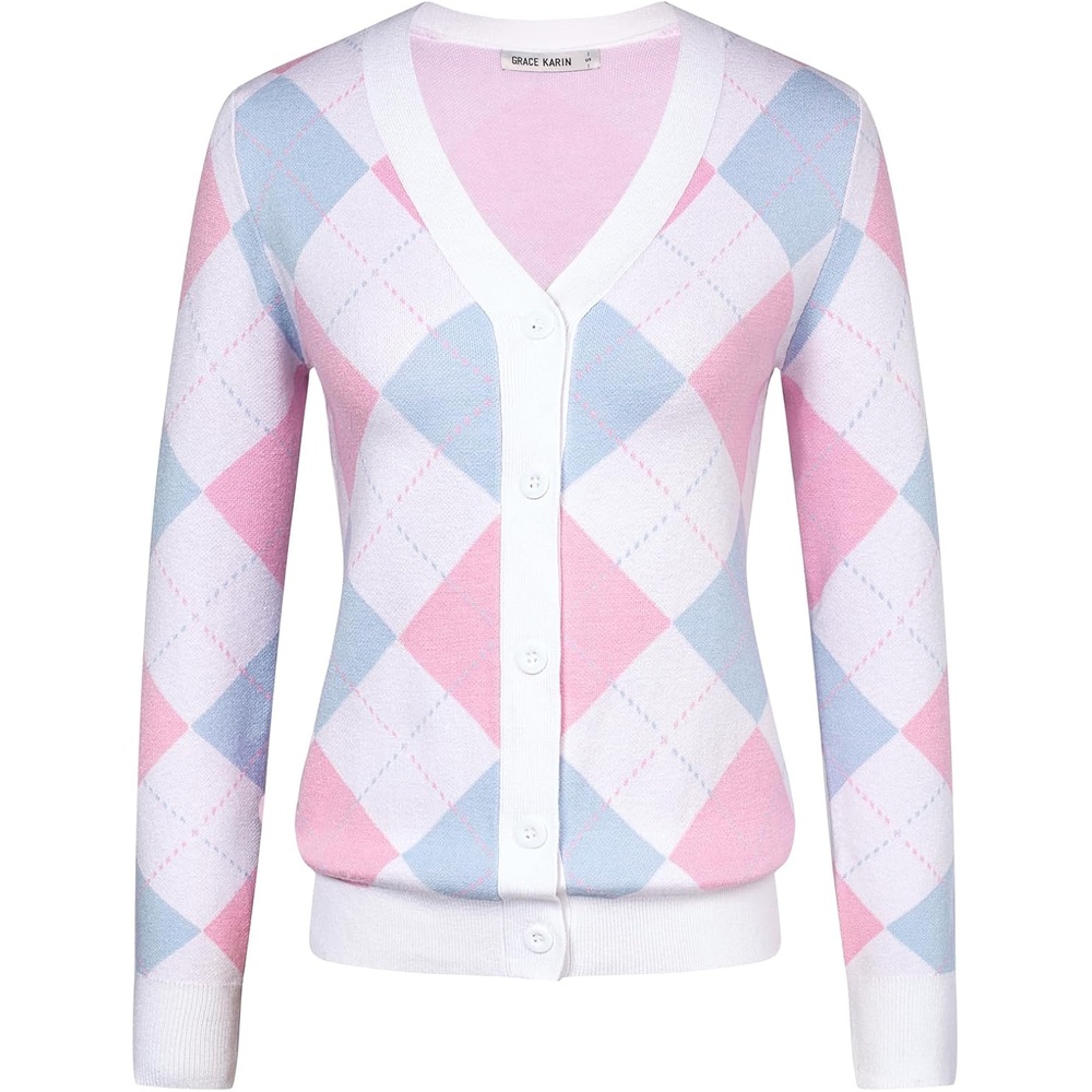 image:imageGRACE KARIN Womens Cardigan Sweater Fall Fashion Argyle Sweater Button Up Cardigan Teacher Outfits Preppy ClothesLight Blue Pink