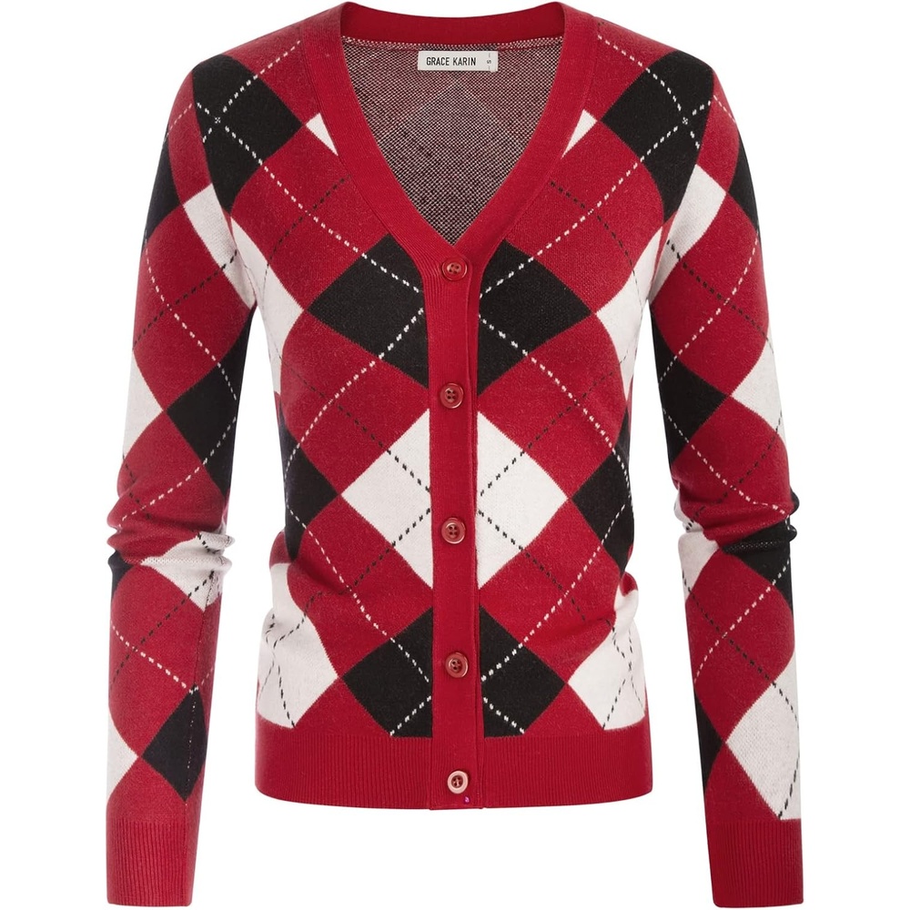 image:imageGRACE KARIN Womens Cardigan Sweater Fall Fashion Argyle Sweater Button Up Cardigan Teacher Outfits Preppy ClothesPlaid Deep Red