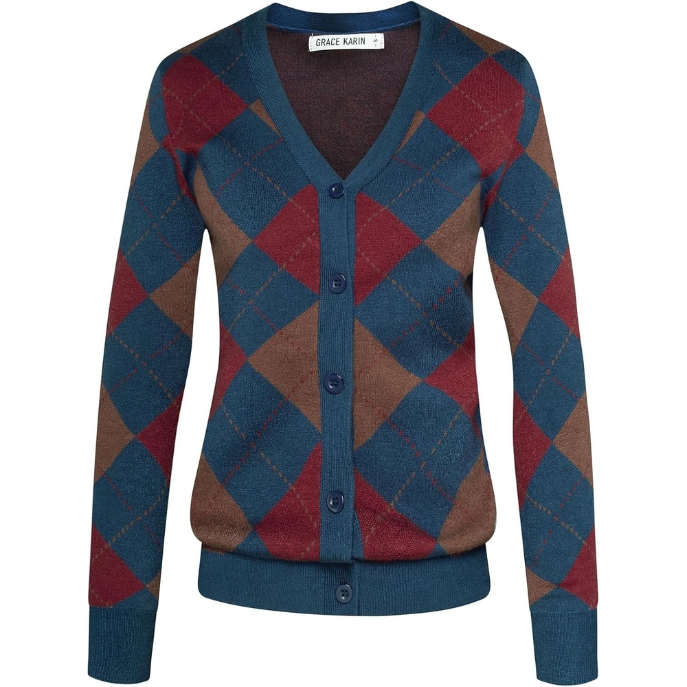 image:imageGRACE KARIN Womens Cardigan Sweater Fall Fashion Argyle Sweater Button Up Cardigan Teacher Outfits Preppy ClothesRed Blue Coffee