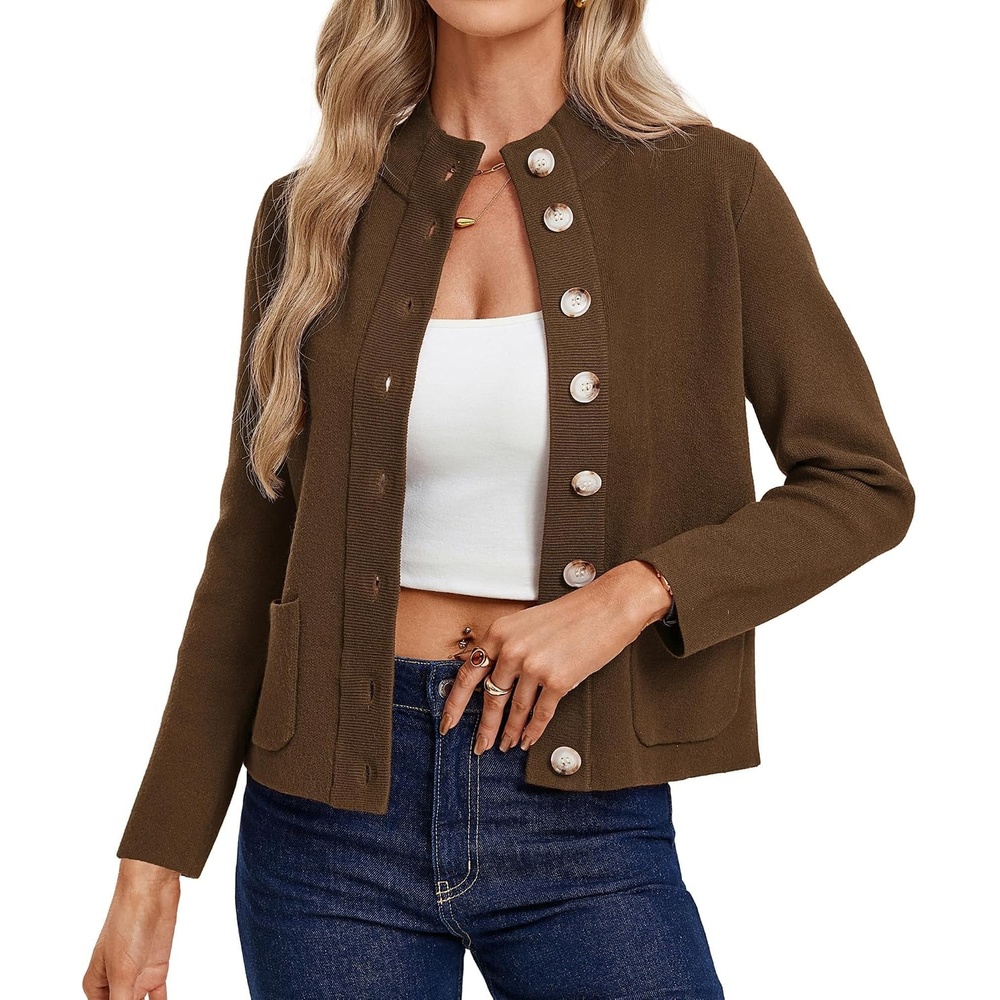 image:imageGRACE KARIN Womens Fall Chunky Knit Cardigan Sweaters Button Down Mock Neck Trendy Jacket Winter Warm Outerwear with PocketsDark Brown