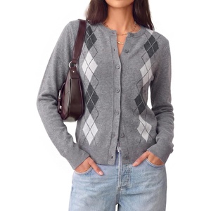 GRACE KARIN Cardigan for Women Argyle Fall Sweaters Cozy Teacher Outfits | Crew Neck Button Up Chunky Cardigan Sweaters, Open Front Cute Sweater, Long Sleeve Casual Winter Outfits for Work & Office(Argyle Dark Grey)