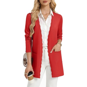 GRACE KARIN Long Cardigan Sweaters for Women Business Casual Fall Outfits | Pockets, Scalloped Placket, Open Front Long Sleeve Business Casual Outfits, Knit Teacher Outfits, Lightweight Sweater Blazer(Red)