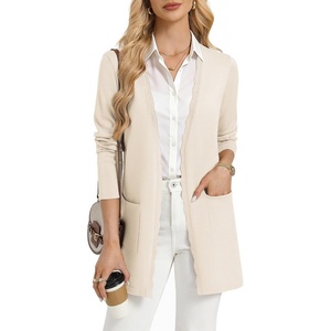 GRACE KARIN Long Cardigan Sweaters for Women Business Casual Fall Outfits | Pockets, Scalloped Placket, Open Front Long Sleeve Business Casual Outfits, Knit Teacher Outfits, Lightweight Sweater Blazer(Beige)