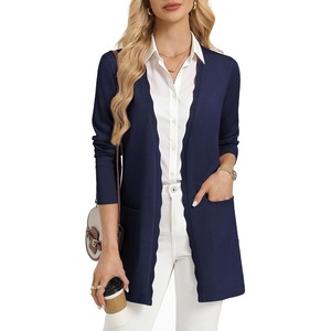 GRACE KARIN Long Cardigan Sweaters for Women Business Casual Fall Outfits | Pockets, Scalloped Placket, Open Front Long Sleeve Business Casual Outfits, Knit Teacher Outfits, Lightweight Sweater Blazer(Navy Blue)