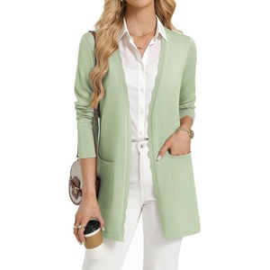 GRACE KARIN Long Cardigan Sweaters for Women Business Casual Fall Outfits | Pockets, Scalloped Placket, Open Front Long Sleeve Business Casual Outfits, Knit Teacher Outfits, Lightweight Sweater Blazer(Light Green)