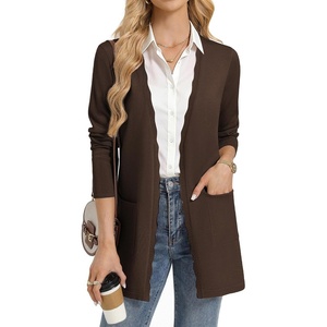 GRACE KARIN Long Cardigan Sweaters for Women Business Casual Fall Outfits | Pockets, Scalloped Placket, Open Front Long Sleeve Business Casual Outfits, Knit Teacher Outfits, Lightweight Sweater Blazer(Brown)