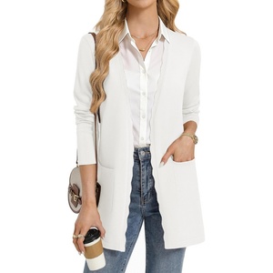 GRACE KARIN Long Cardigan Sweaters for Women Business Casual Fall Outfits | Pockets, Scalloped Placket, Open Front Long Sleeve Business Casual Outfits, Knit Teacher Outfits, Lightweight Sweater Blazer(Ivory White)