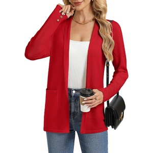 GRACE KARIN Long Cardigans for Women 2026 Business Casual Fall Fashion | Lightweight Long Cardigan with Pockets, Business Casual Outfits, Soft Kint Lapel Blazer Jacket, Early Fall Fashion(Red)