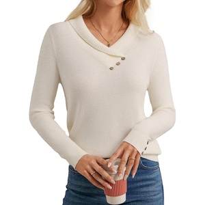 GRACE KARIN Women Fall Long Sleeve V Neck Collar Knit Pullover Sweaters | Fall Fashion Dressy Casual Tops Trendy, Business Casual Work Office, Cozy Polo Shirts, Teacher Outfits Clothes(White)