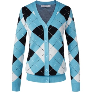 GRACE KARIN Womens Cardigan Sweater Fall Fashion Argyle Sweater Button Up Cardigan Teacher Outfits Preppy Clothes(Blue White)