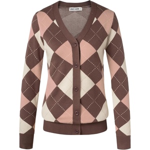 GRACE KARIN Womens Cardigan Sweater Fall Fashion Argyle Sweater Button Up Cardigan Teacher Outfits Preppy Clothes(Pink Coffee)