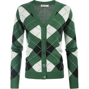 GRACE KARIN Womens Cardigan Sweater Fall Fashion Argyle Sweater Button Up Cardigan Teacher Outfits Preppy Clothes(Plaid Green White)