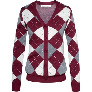 GRACE KARIN Womens Cardigan Sweater Fall Fashion Argyle Sweater Button Up Cardigan Teacher Outfits Preppy Clothes(Wine)