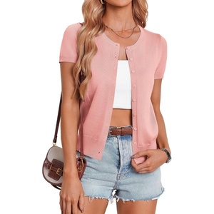 GRACE KARIN Womens Short Sleeve Cardigan Sweaters Lightweight Fall Outfits | Open Front Button up Sweater, Crewneck soft Knit tops, Versatile Layering Cardigans, Teacher, Business Casual Outfits(Light Pink-1)